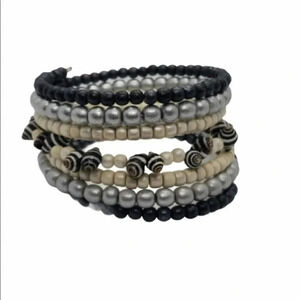 Boho Beaded Wrap Bracelet Stackable Black Silver‎ Cream Zebra Accent